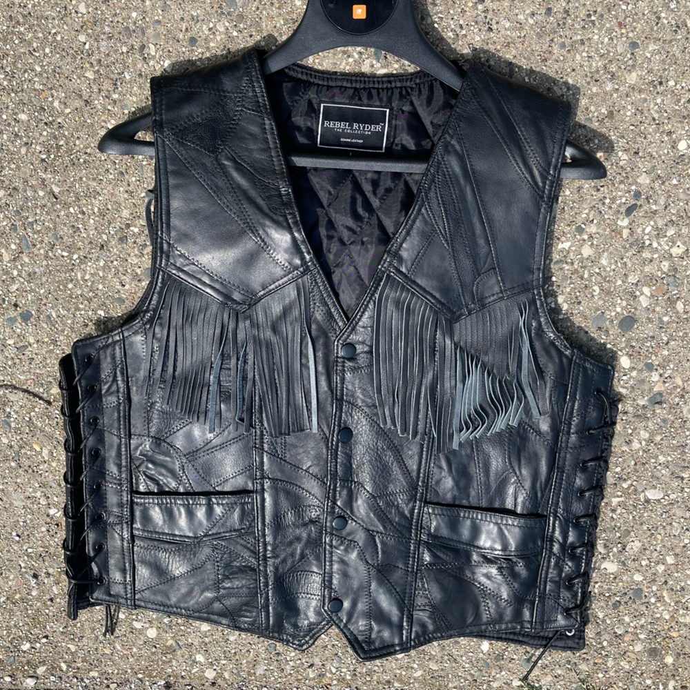 Rebel Ryder Genuine Leather Fringe Motorcycle Vest Black L